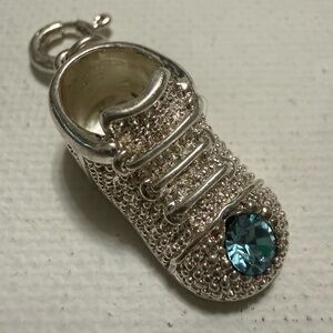 Sterling Silver 925 Jeweled Birthstone Baby Shoe Charm W/Teal Crystal